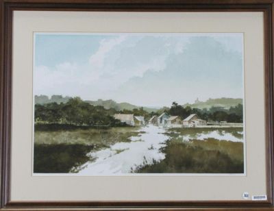Jan Wills 16x24 WC "Mine Town". Jan Wills (IL, 1928-2000) 16x24 , WC , Signed lower right 