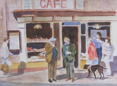 Henry "Hank" Leff 16x22 WC "Market Day, Fishguard". Henry "Hank" Leff (IN, 1921-2006) 16x22 , WC 