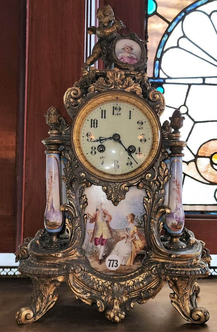 Lot 773 - French Figural and Porcelain Mantle Clock • Wickliff Auctioneers