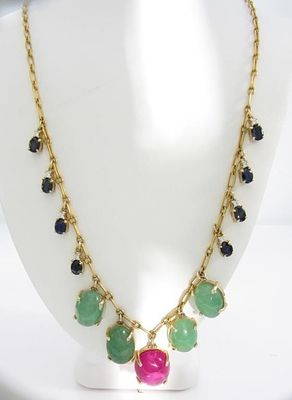 18K Yellow Gold 18" Drop Color Stone Necklace. An 18K yellow gold 18" long unique drop necklace 