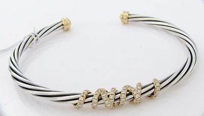 David Yurman 18K/Sterling Helena Bracelet, Diamond. A David Yurman sterling silver 4mm wide 