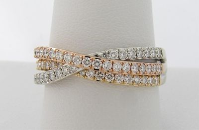 14K Gold Moyer Diamond Crossover Band Ring, 1CT. A 14K yellow, white and rose gold crossover 
