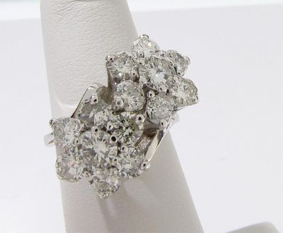 14K White Gold Diamond Cluster Ring. ~2.5ctw. A 14K white gold cluster ring in double flower 