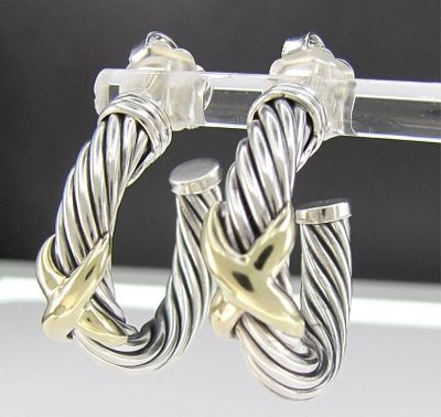 David Yurman 14K, Sterling X Hoop Earrings. A pair of David Yurman "X" design three-quarter hoop 