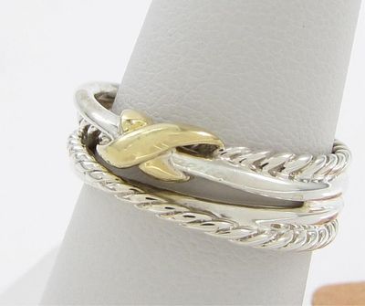 David Yurman 18K/Sterling 4-Strand X Ring. A David Yurman sterling silver and 18K yellow gold 