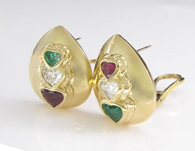 18K YG Columbian Emerald, Diamond, Ruby Earrings. A pair of 18K yellow gold, pear shaped button 
