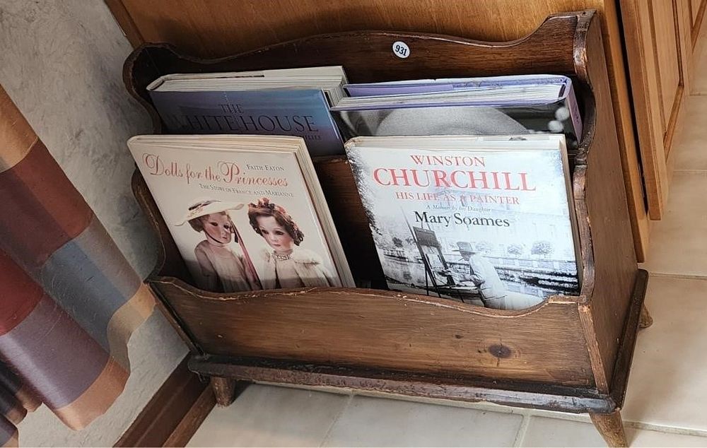 Lot 931: Vintage Wood Magazine Rack and Books