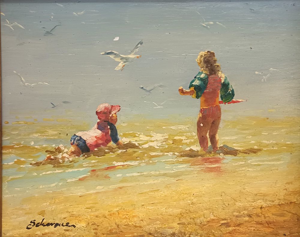 Lot 1236a: Unclearly Signed, 8x10, O/B, Children on Beach