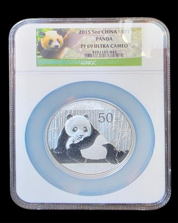 Lot 1767: 2015 China Panda S50Y 5oz Silver Coin, NGC