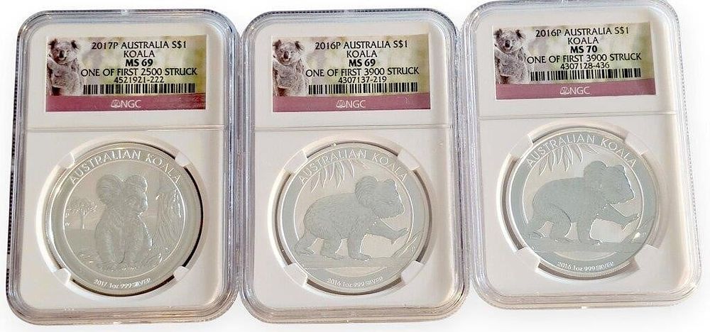 Lot 1776: (3) Australian Koala Coins, 1oz .999 Silver, NGC