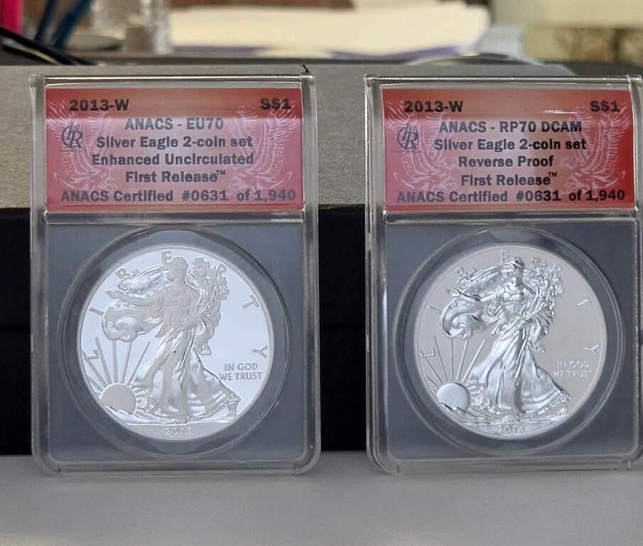 Lot 1788: 2-Coin Set, Silver American Eagle $1 Coins, ANACS