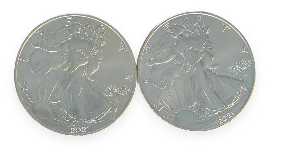 Lot 1824: (2) Silver American Eagle $1 Coins, 2021-W Type...