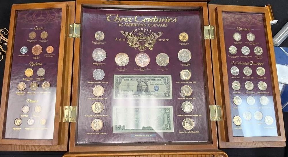 Lot 1900: "Three Centuries of American Coinage" Display, solid wood...