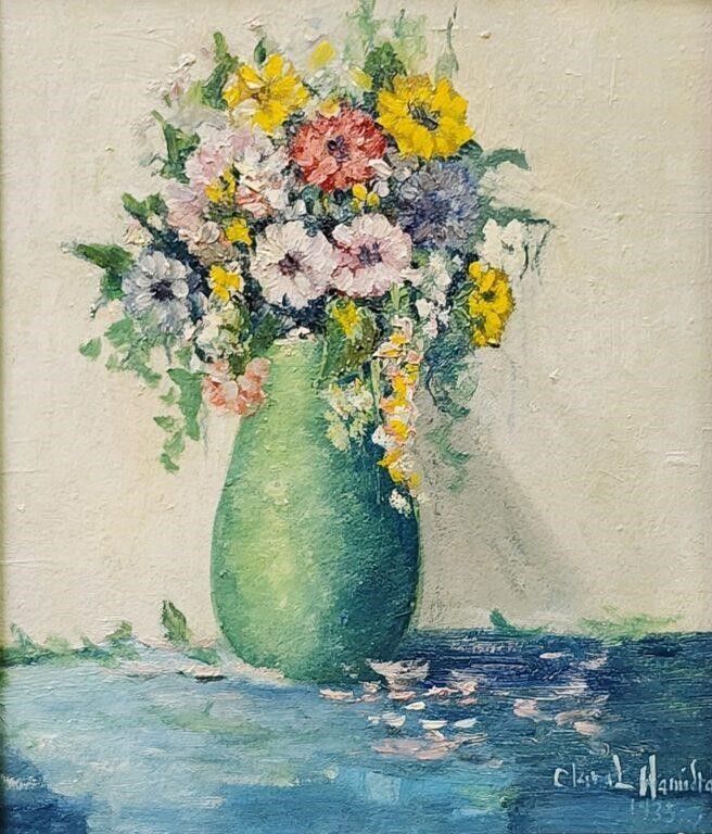 Lot 1532: Clara L Hamilton 14x12 O/B Flowers in Green Vase