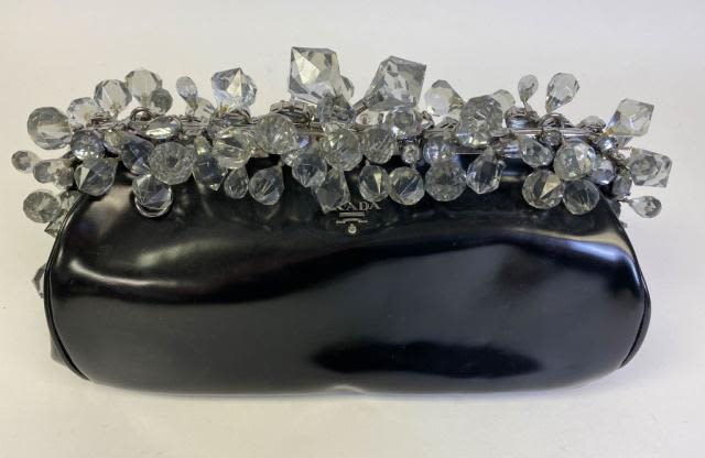 Lot 217: Prada Black Vernice Crystal Kiss Lock Clutch