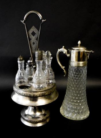 Lot 178: Glass & Silverplate Cruet Set and Pitcher
