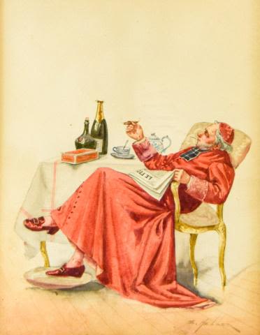 Lot 219: Eduard Heller Watercolor Cardinal Smoking