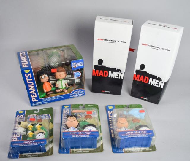 Lot 456: 6 Peanuts and Mad Men Figures New In Boxes