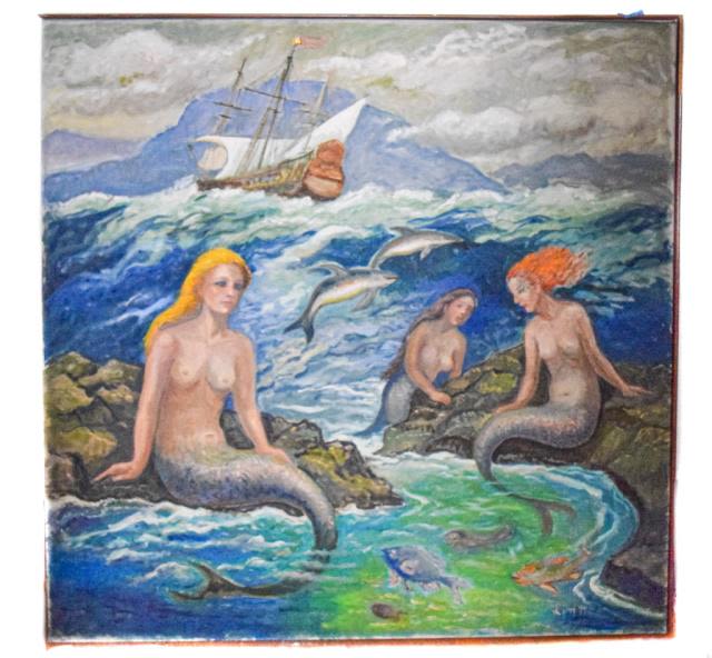 Lot 482: Folk Art Oil on Canvas Of Mermaids
