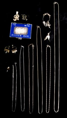 Lot 493: Grouping of Sterling Silver Jewelry & Silver Bar