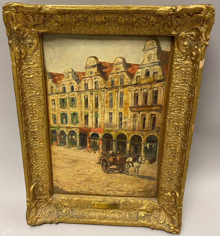 Lot 182: Emile Claus Oil on Canvas Horse Cart Village Scene