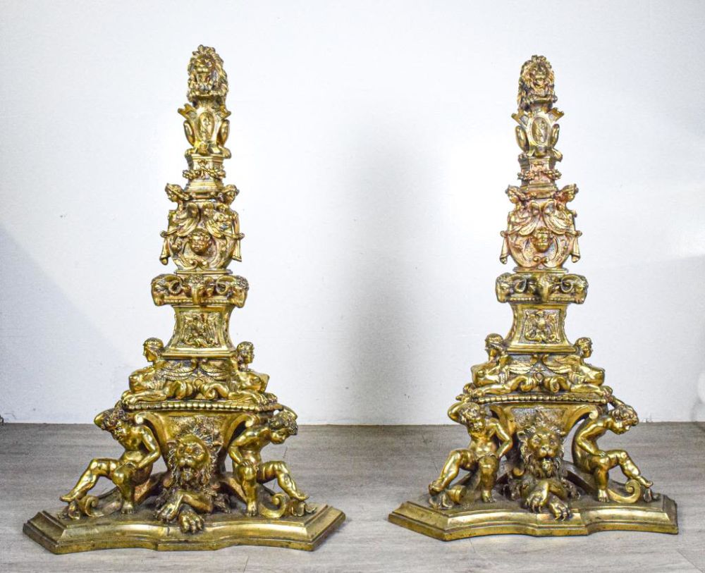 Lot 185: Pair Of Monumental Gilt Bronze Figural Andirons