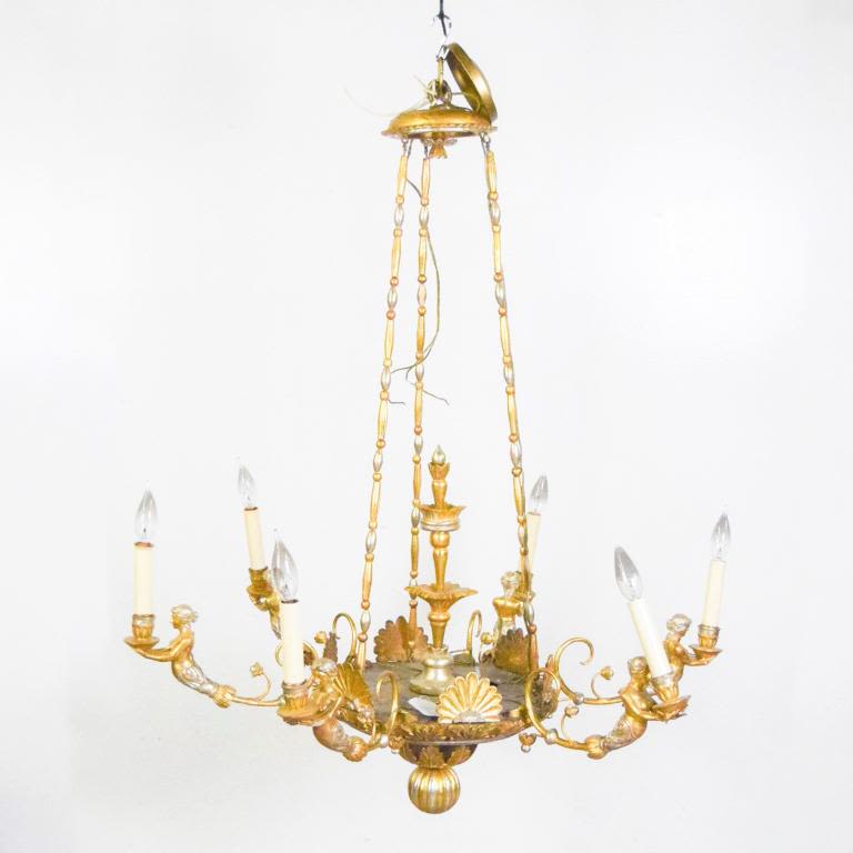 Lot 190: Figural 6 Light Gilt Wood Chandelier