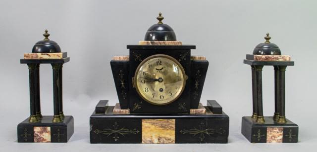 Lot 152: 1900's Slate and Marble 3 Piece Clock Set