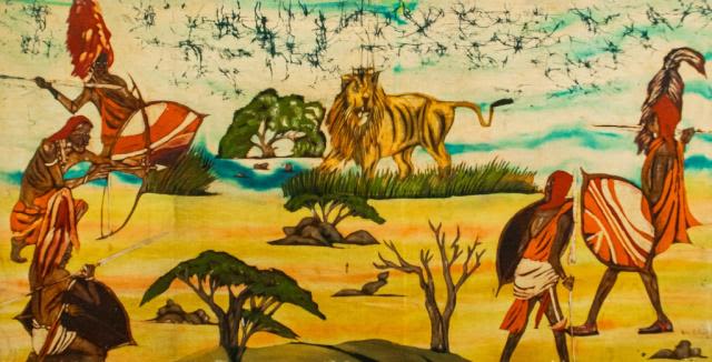 Lot 183: Maasai Warriors Ink on Raw Canvas