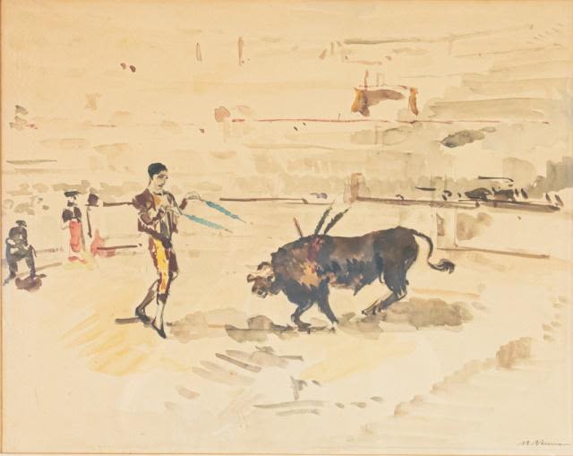 Lot 184: Signed M. Neumann Watercolor Bullfight