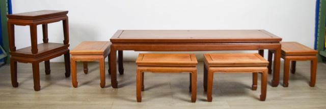 Lot 204: Chinese Tea Table, Stools & Side Table