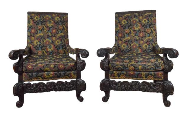 Lot 209: Pair of Baroque Carved Needlepoint Armchairs
