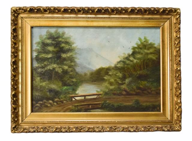Lot 248: Signed SDR Oil on Canvas Bridge in Landscape