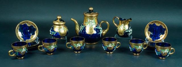 Lot 254: 15 Piece Gilt Glass and Enamel Tea Set