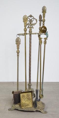Lot 295: Brass 5 Piece Fireplace Tool Set