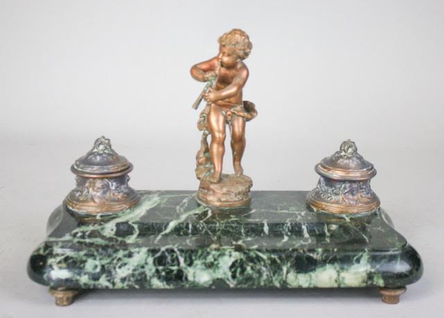 Lot 323: Patinated Bronze & Marble Inkwell