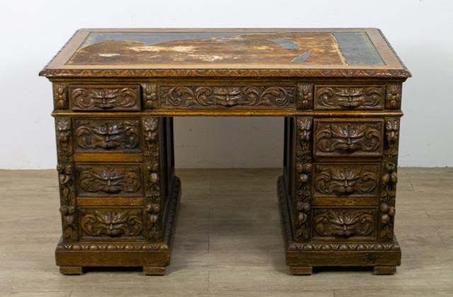 Lot 238: English Jacobean Oak Carved Desk