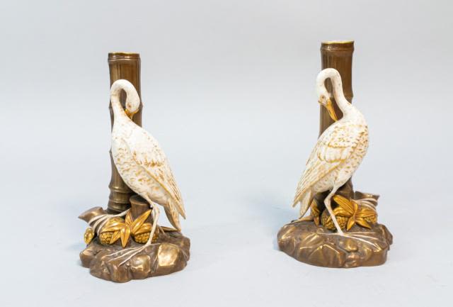 Lot 330: Pair of 19th c. Royal Worcester Egret Candlestick