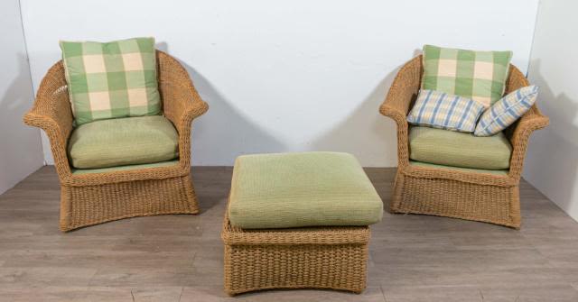 Lot 220: Pair of Wicker Lounge Chairs and Ottoman