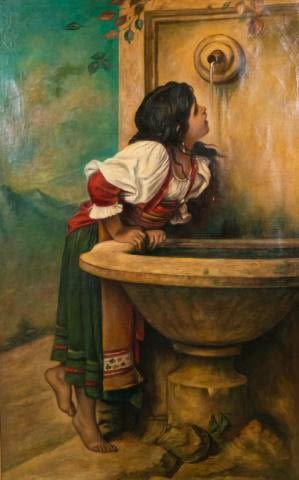 Lot 253: After Leon Bonnat Oil on Canvas Girl at Fountain