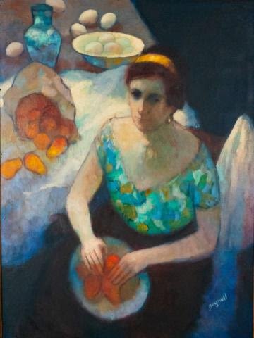 Lot 255: Steve Bagnell Mixed Media on Board Woman Cooking