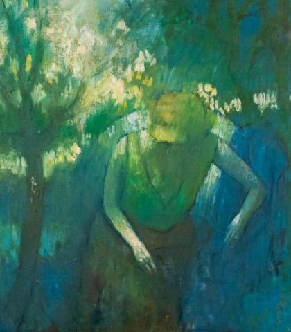 Lot 257: Steve Bagnell Mixed Media on Board Woman in Woods