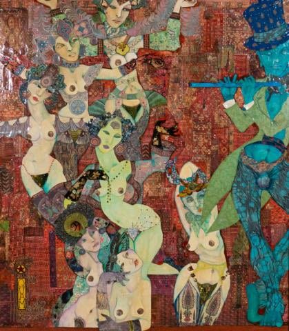 Lot 315: Mylo Quam Mixed Media on Wood Panel The Blue Flute