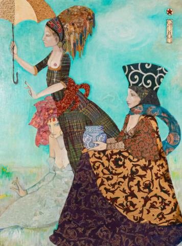 Lot 316: Mylo Quam Mixed Media on Wood Panel Three Women
