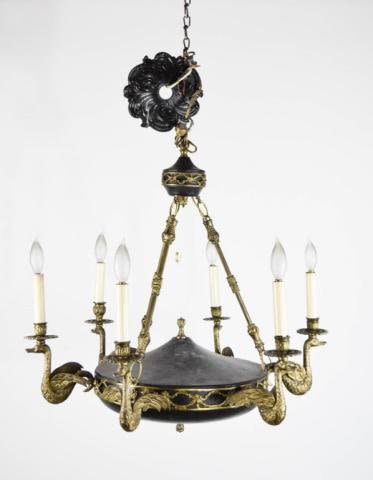 Lot 375: Brass and Black Chandelier with Swan Arms
