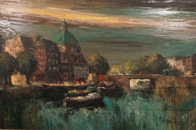 Lot 266: Oil on Canvas of Amsterdam Canal Scene