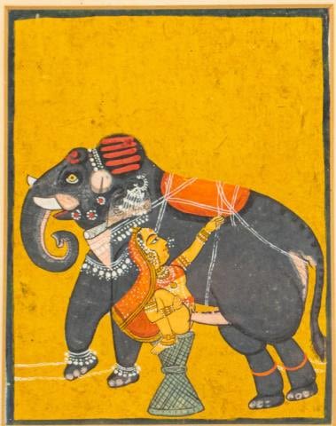 Lot 302: Indian Miniature Ink & Gouache Woman With Elephant