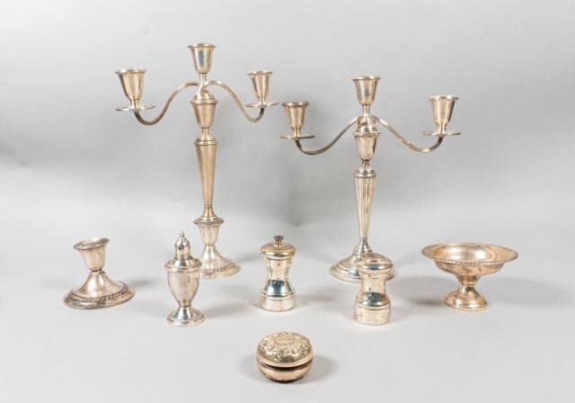 Lot 227: Grouping of 9 Pieces Weighted Sterling Silver