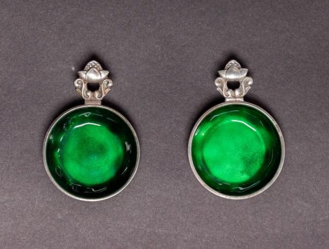 Lot 234: Pair Georg Jensen Sterling & Enamel Acorn Salts