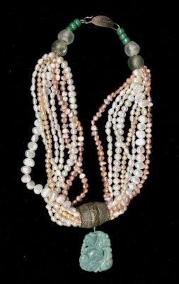 Jadeite, Pearl and Aquamarine Necklace. Jadeite, various size and color freshwater pearls and 
